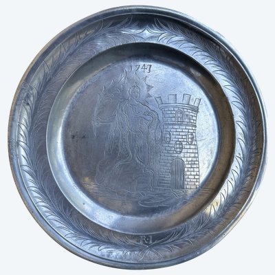 Pewter Dish With Engraved Decor Of Saint Barbara -1747