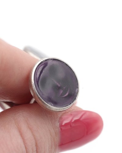 Manschettenknöpfe Mond in Silber, Metall, violettes Emaille, Mann im Mond, antikes Schmuckstück