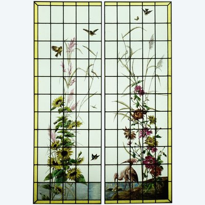 Vitrail - Stained glass - Sunflowers, Dahlias and Birds