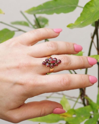 French antique Perpignan garnet navette ring, 18k rose gold regional jewelry, cluster ring