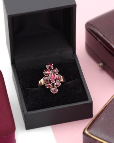 French antique Perpignan garnet navette ring, 18k rose gold regional jewelry, cluster ring