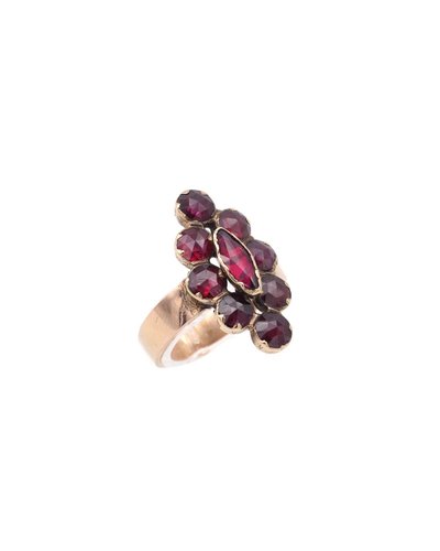 French antique Perpignan garnet navette ring, 18k rose gold regional jewelry, cluster ring