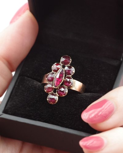 French antique Perpignan garnet navette ring, 18k rose gold regional jewelry, cluster ring