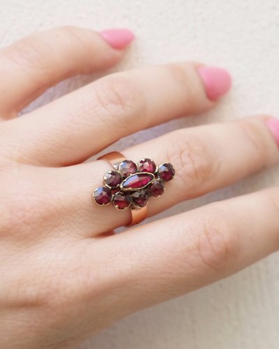 French antique Perpignan garnet navette ring, 18k rose gold regional jewelry, cluster ring