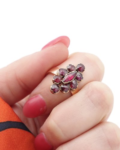 French antique Perpignan garnet navette ring, 18k rose gold regional jewelry, cluster ring