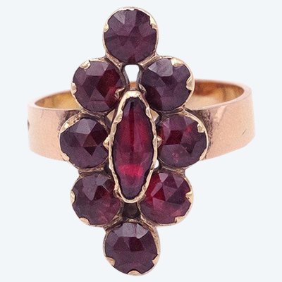 French antique Perpignan garnet navette ring, 18k rose gold regional jewelry, cluster ring