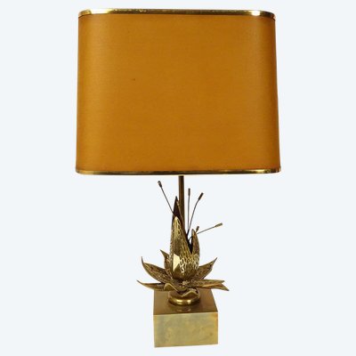 Lampe Maison Charles Bronze Doré Fleur Exotique Shade Design XXè Siècle