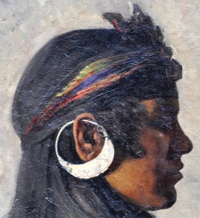 Olio su tela Profilo di donna orientalista del XIX secolo, firma illeggibile
