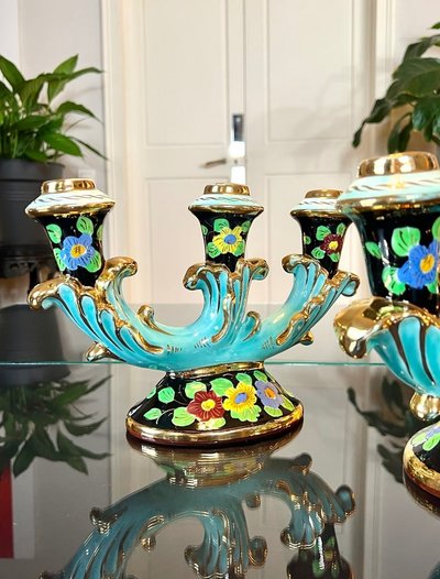 Bougeoirs En Faïence Monaco - Vintage 1960 - Turquoise Noir Et Or