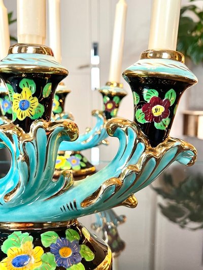 Bougeoirs En Faïence Monaco - Vintage 1960 - Turquoise Noir Et Or