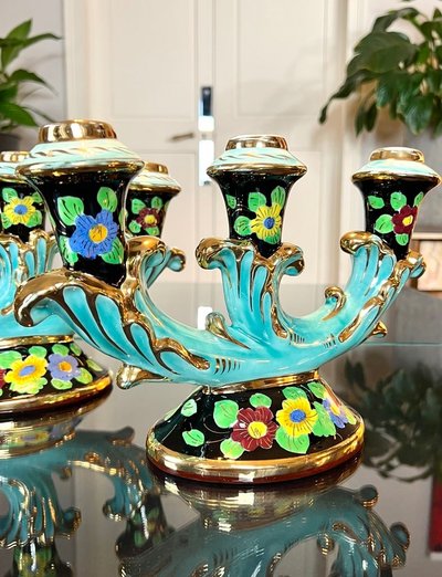 Bougeoirs En Faïence Monaco - Vintage 1960 - Turquoise Noir Et Or