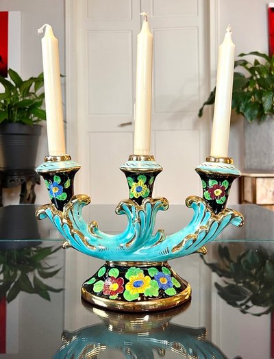 Bougeoirs En Faïence Monaco - Vintage 1960 - Turquoise Noir Et Or