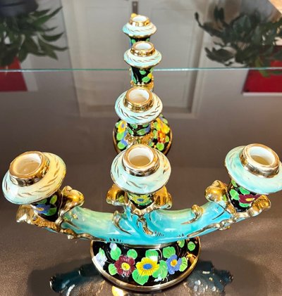 Bougeoirs En Faïence Monaco - Vintage 1960 - Turquoise Noir Et Or