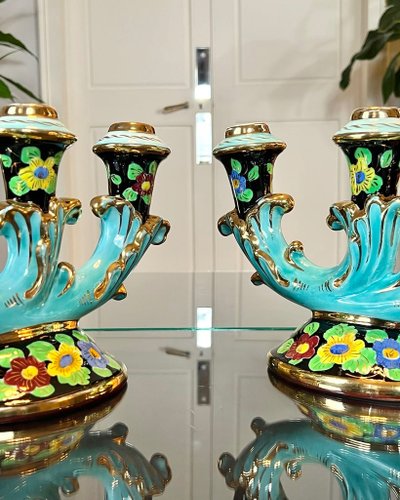 Bougeoirs En Faïence Monaco - Vintage 1960 - Turquoise Noir Et Or
