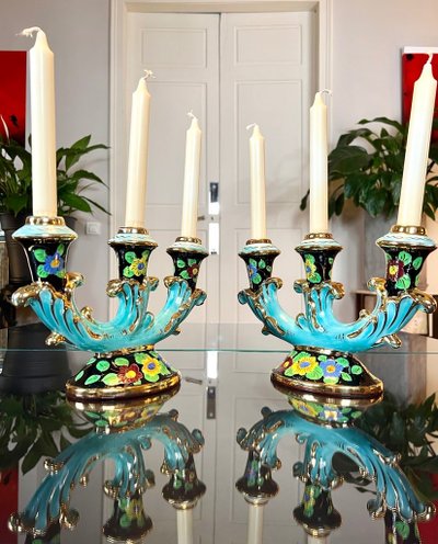 Bougeoirs En Faïence Monaco - Vintage 1960 - Turquoise Noir Et Or