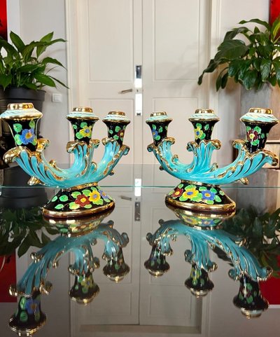 Bougeoirs En Faïence Monaco - Vintage 1960 - Turquoise Noir Et Or