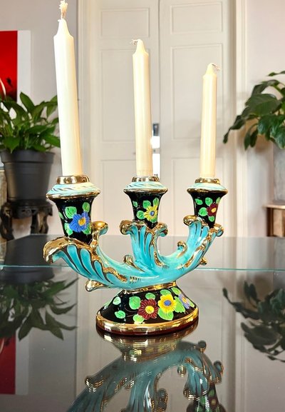 Bougeoirs En Faïence Monaco - Vintage 1960 - Turquoise Noir Et Or