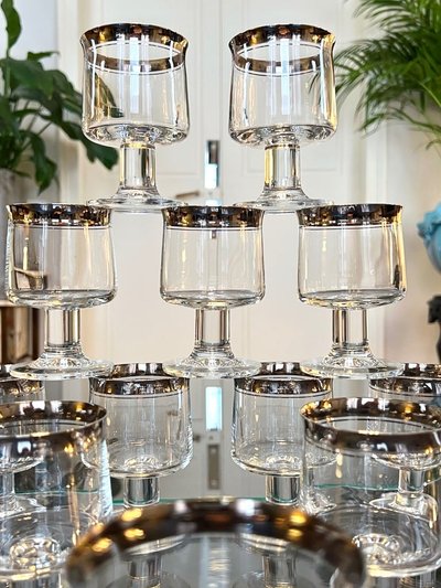 12 Water Glasses and 12 Wine Glasses in Platinum-Filled Crystal - Vintage 1970s Set