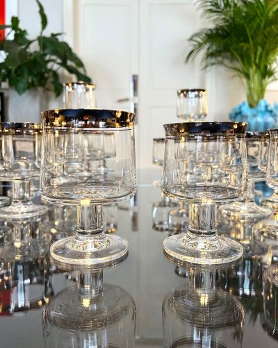 12 Water Glasses and 12 Wine Glasses in Platinum-Filled Crystal - Vintage 1970s Set