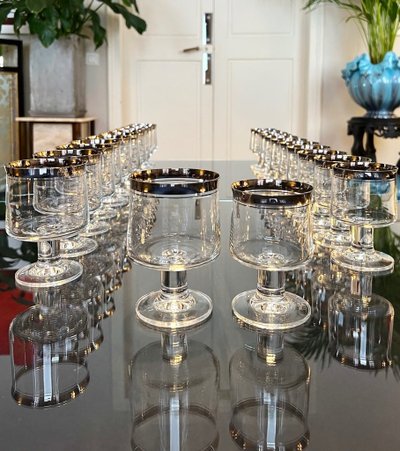 12 Water Glasses and 12 Wine Glasses in Platinum-Filled Crystal - Vintage 1970s Set