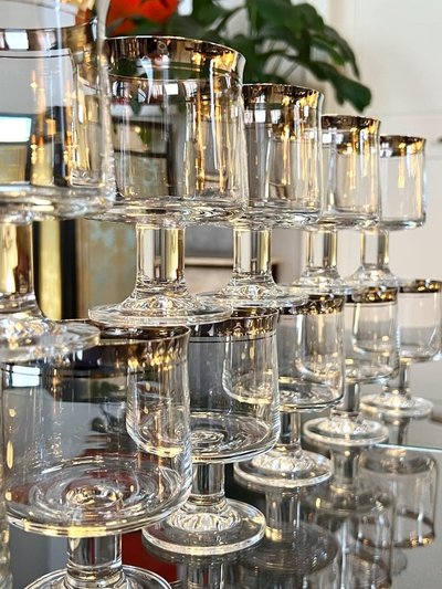 12 Water Glasses and 12 Wine Glasses in Platinum-Filled Crystal - Vintage 1970s Set