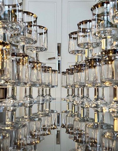 12 Water Glasses and 12 Wine Glasses in Platinum-Filled Crystal - Vintage 1970s Set
