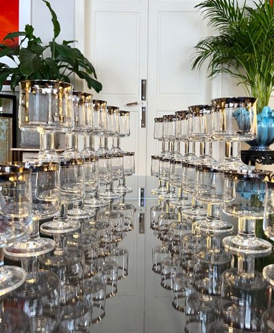 12 Water Glasses and 12 Wine Glasses in Platinum-Filled Crystal - Vintage 1970s Set