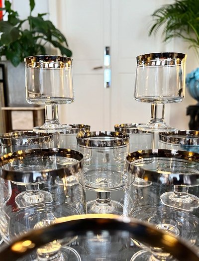 12 Water Glasses and 12 Wine Glasses in Platinum-Filled Crystal - Vintage 1970s Set