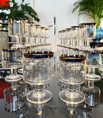 12 Water Glasses and 12 Wine Glasses in Platinum-Filled Crystal - Vintage 1970s Set