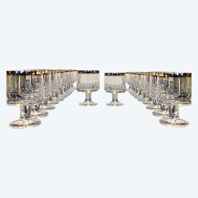 12 Water Glasses and 12 Wine Glasses in Platinum-Filled Crystal - Vintage 1970s Set