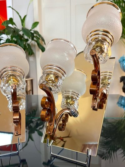 Art Deco Wall Sconces - Mirror Plates Copper Support Tulips Granite Glass