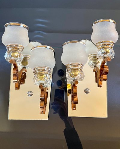 Art Deco Wall Sconces - Mirror Plates Copper Support Tulips Granite Glass