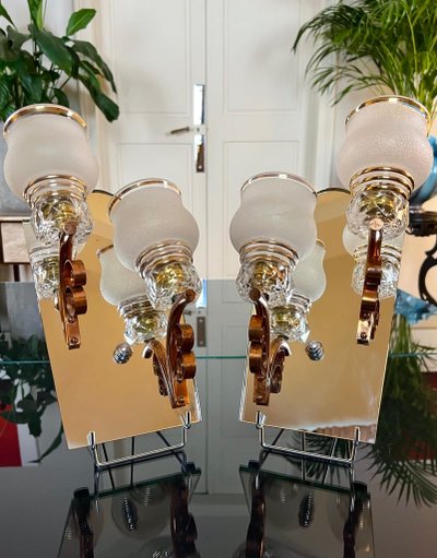 Art Deco Wall Sconces - Mirror Plates Copper Support Tulips Granite Glass