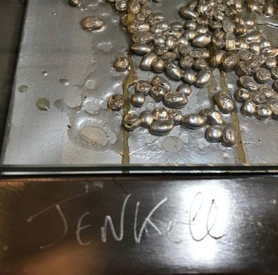 Rare Jenkell dite "Jenk" Unique coffee table signed metal glass canvas enchased