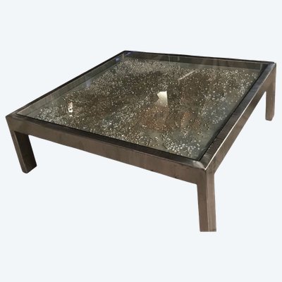 Rare Jenkell dite "Jenk" Unique coffee table signed metal glass canvas enchased