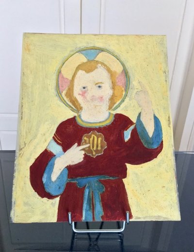 Portrait Religieux Peint Fixé Sous Verre