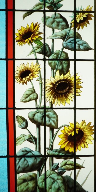 Buntglasfenster - Glasmalerei - Mohnblumen, Sonnenblumen Und Glyzinien.