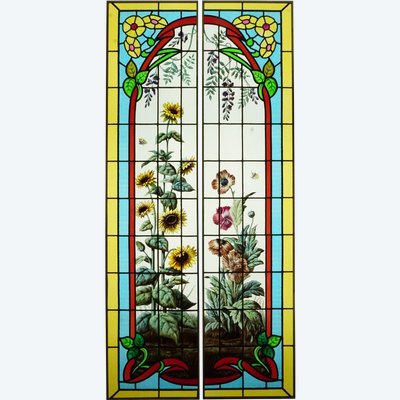 Buntglasfenster - Glasmalerei - Mohnblumen, Sonnenblumen Und Glyzinien.