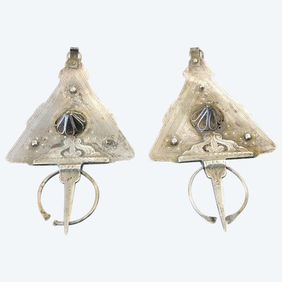 Spille berbere in argento massiccio Marocco XX secolo con inclusione di ambra