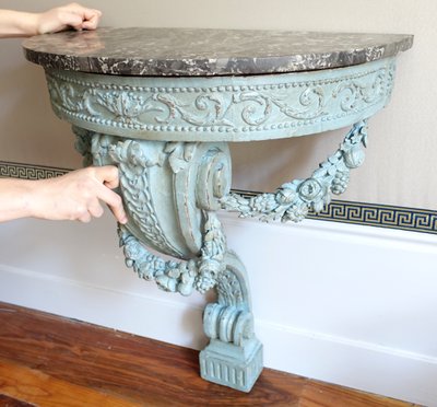Console d'applique demi-lune d'époque Louis XVI dans le goût de Jacob, bois patiné et marbre
