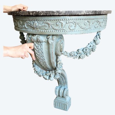 Console d'applique demi-lune d'époque Louis XVI dans le goût de Jacob, bois patiné et marbre
