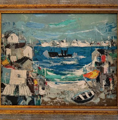 Huile sur panneau XXe représentant un port de pêche par S. Margarit