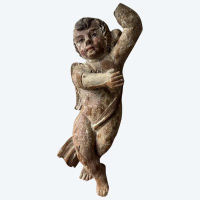 Polychrom geschnitzter Engel aus Holz aus dem 17. Jahrhundert