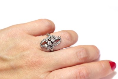 Bague Belle epoque diamants en or 18k et platine, bague marquise ancienne, bague de fiançailles