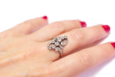 Bague Belle epoque diamants en or 18k et platine, bague marquise ancienne, bague de fiançailles