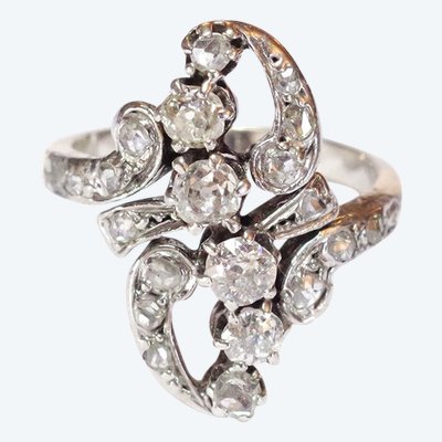 Bague Belle epoque diamants en or 18k et platine, bague marquise ancienne, bague de fiançailles