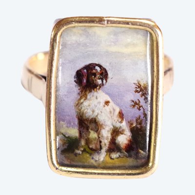 Victorian dog ring, Portrait miniature dog ring, 9k gold, England, Spaniel brittany