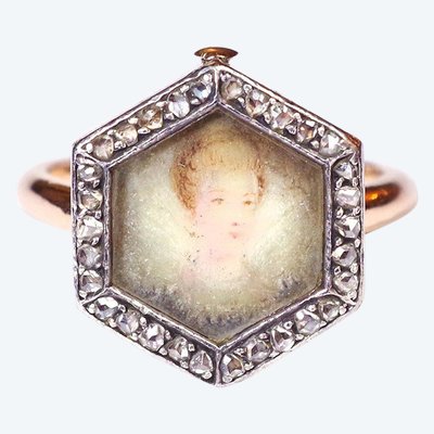 Antiker Portraitring mit Diamanten in Roségold, abnehmbarer Ring, Verwandlungsschmuck