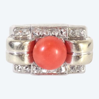 Anello Tank con diamanti corallo in oro 18k e platino, anello Tank, cabochon di corallo, diamanti taglio rosa