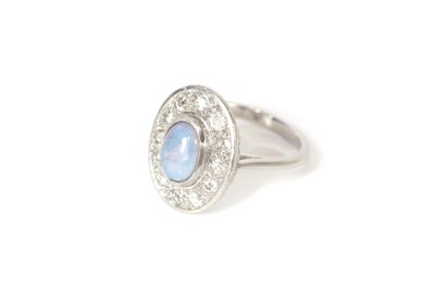 Bague Art Deco opale diamants en platine, bague de fiançailles, mariage, opale arlequin, cabochon